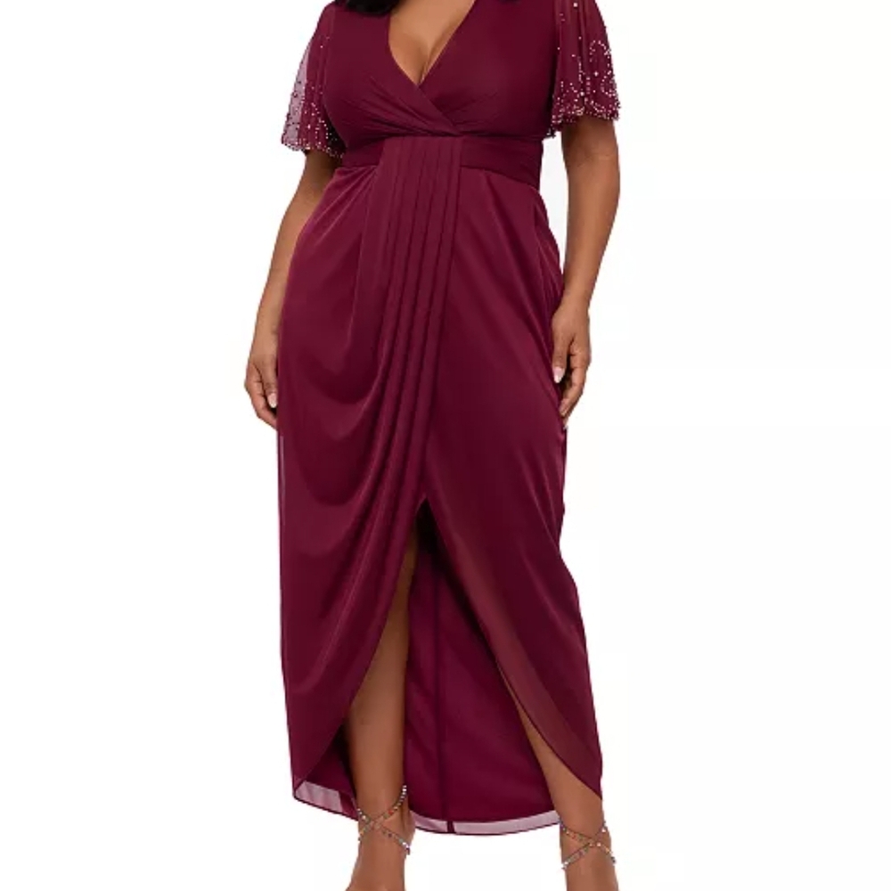 Betsy & Adam Plus Size Embellished Faux-Wrap Dress